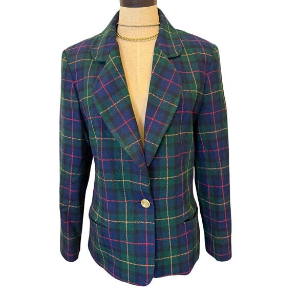 Joan Leslie Jackets & Blazers - JOAN LESLIE Plaid Blazer Coat Jacket Women size 10 Navy Green Holidays Tartan